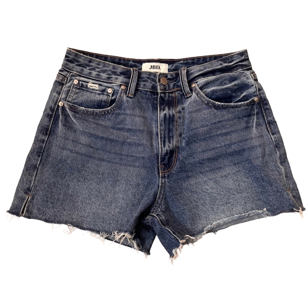 JBD Women’s High Rise Fray Hem Medium Wash 100% Cotton Shorts Size M